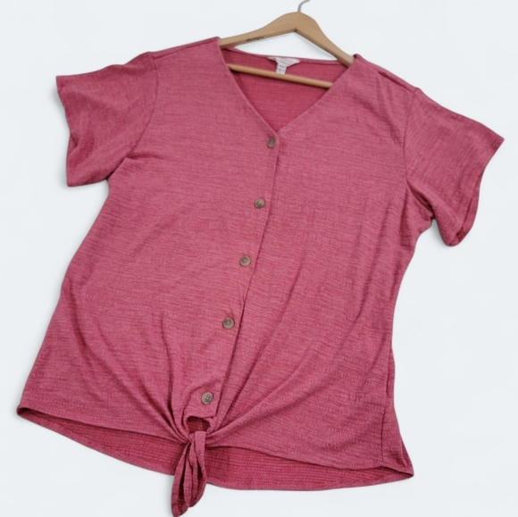 Weatherproof Vintage Women's Pink Button-Down Top Size XL Ties Short Sleeve - Picture 1 of 14